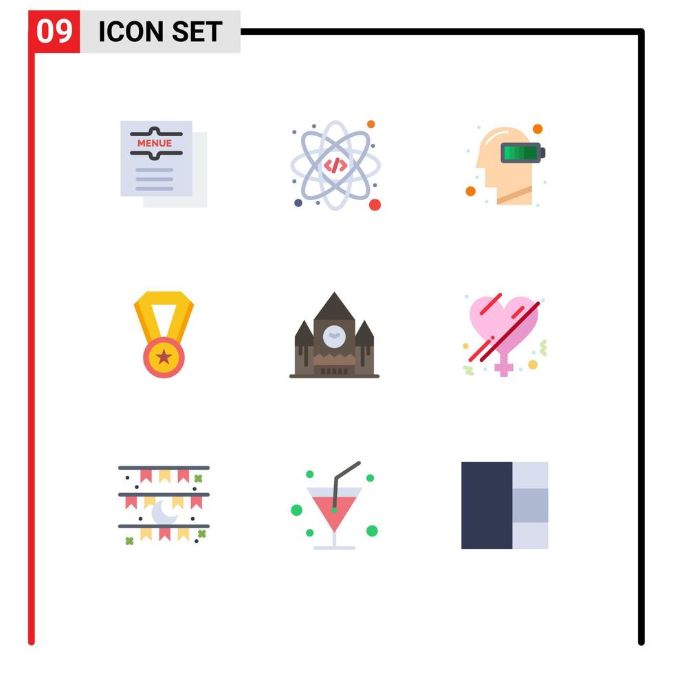 Set of 9 Commercial Flat Colors pack for centre block medal battery education mind Editable Vector Design Elements
