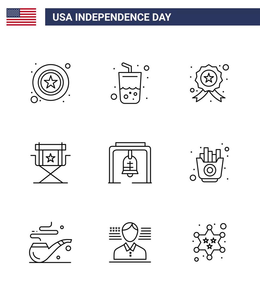 4 de julio usa feliz día de la independencia icono símbolos grupo de 9 líneas modernas de alerta estrella insignia películas silla editable usa día elementos de diseño vectorial vector