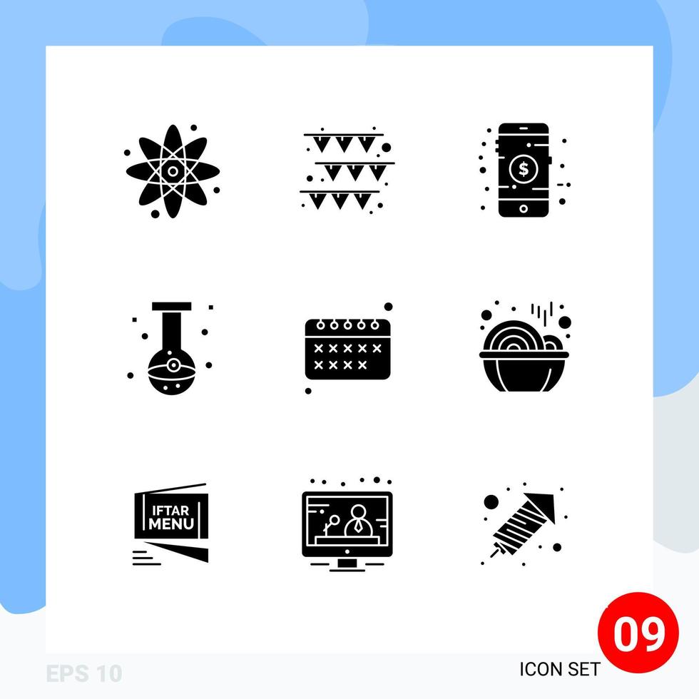9 Thematic Vector Solid Glyphs and Editable Symbols of education flask online eye beaker Editable Vector Design Elements