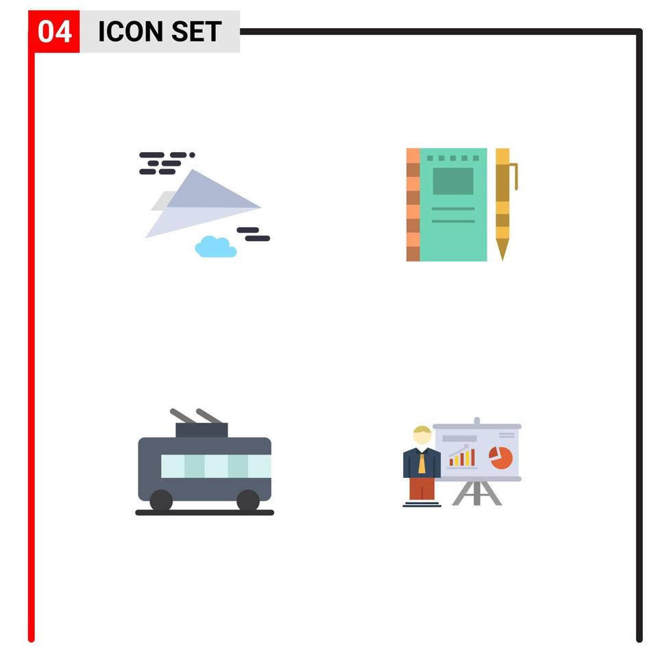 Set of 4 Vector Flat Icons on Grid for paper plane bus design notebook trolley Editable Vector Design Elements