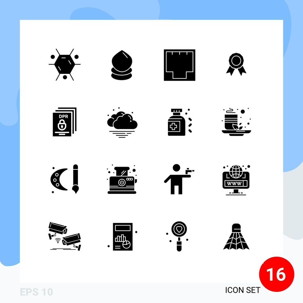 16 Universal Solid Glyphs Set for Web and Mobile Applications gdpr medal ethernet frame badge Editable Vector Design Elements
