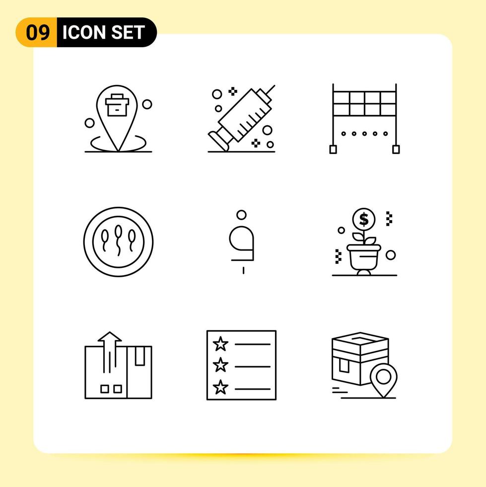 paquete de 9 signos y símbolos de contornos modernos para medios de impresión web como afganistán afgani terminar esperma elementos de diseño de vectores editables humanos