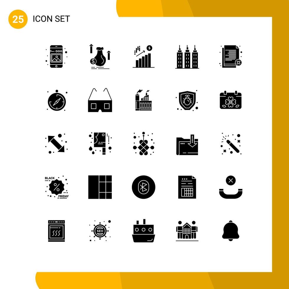 Pictogram Set of 25 Simple Solid Glyphs of delete construction growth building marketing Editable Vector Design Elements