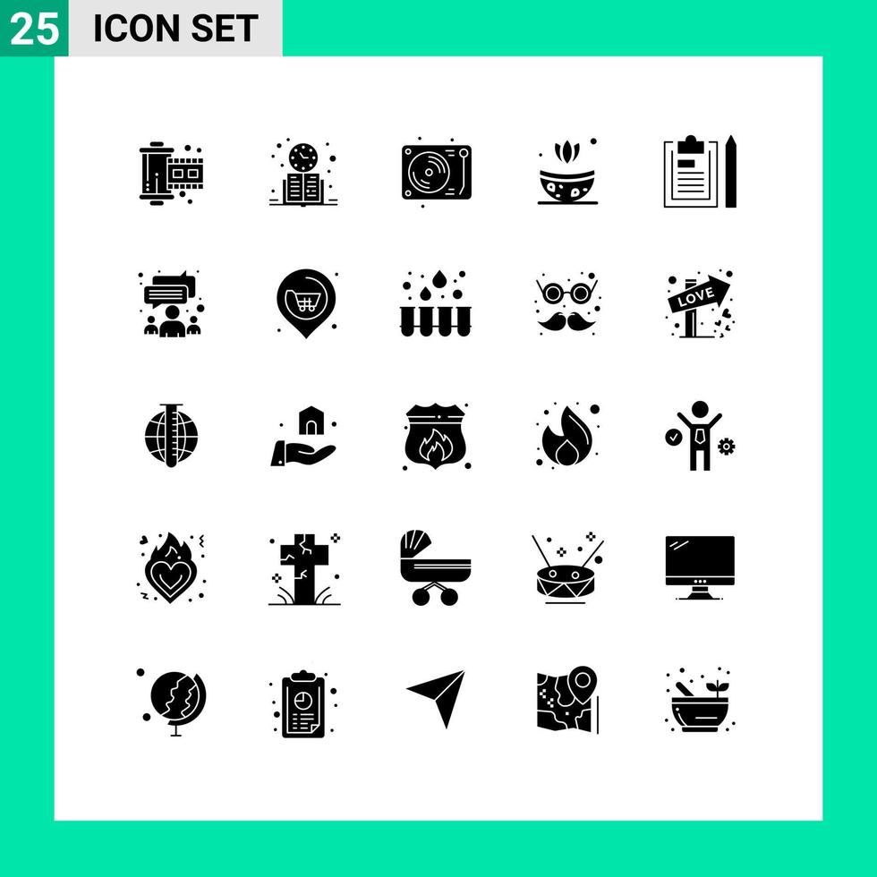 Mobile Interface Solid Glyph Set of 25 Pictograms of document herb study time spa party Editable Vector Design Elements