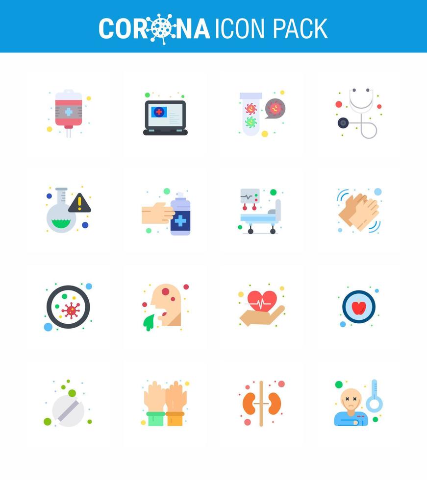 16 Flat Color Coronavirus Covid19 Icon pack such as lab stethoscope bacteria healthcare virus viral coronavirus 2019nov disease Vector Design Elements