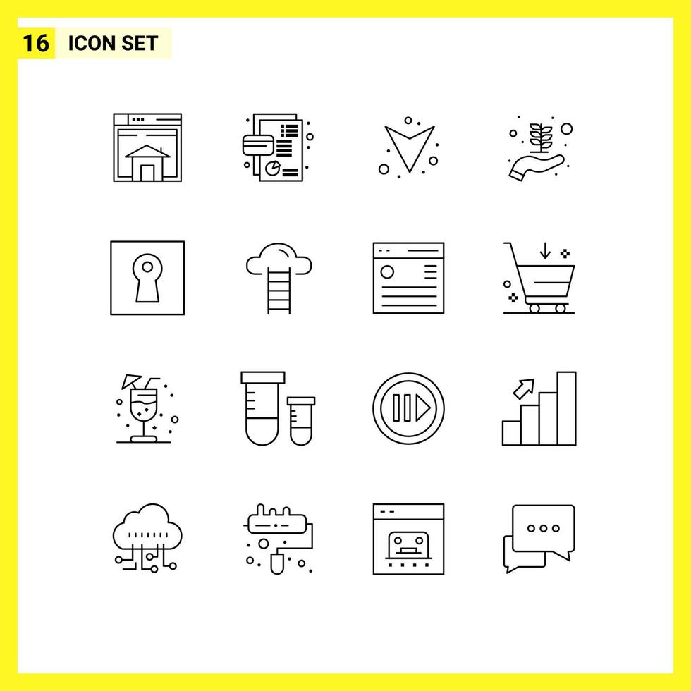 Universal Icon Symbols Group of 16 Modern Outlines of key growth credit business startup down Editable Vector Design Elements