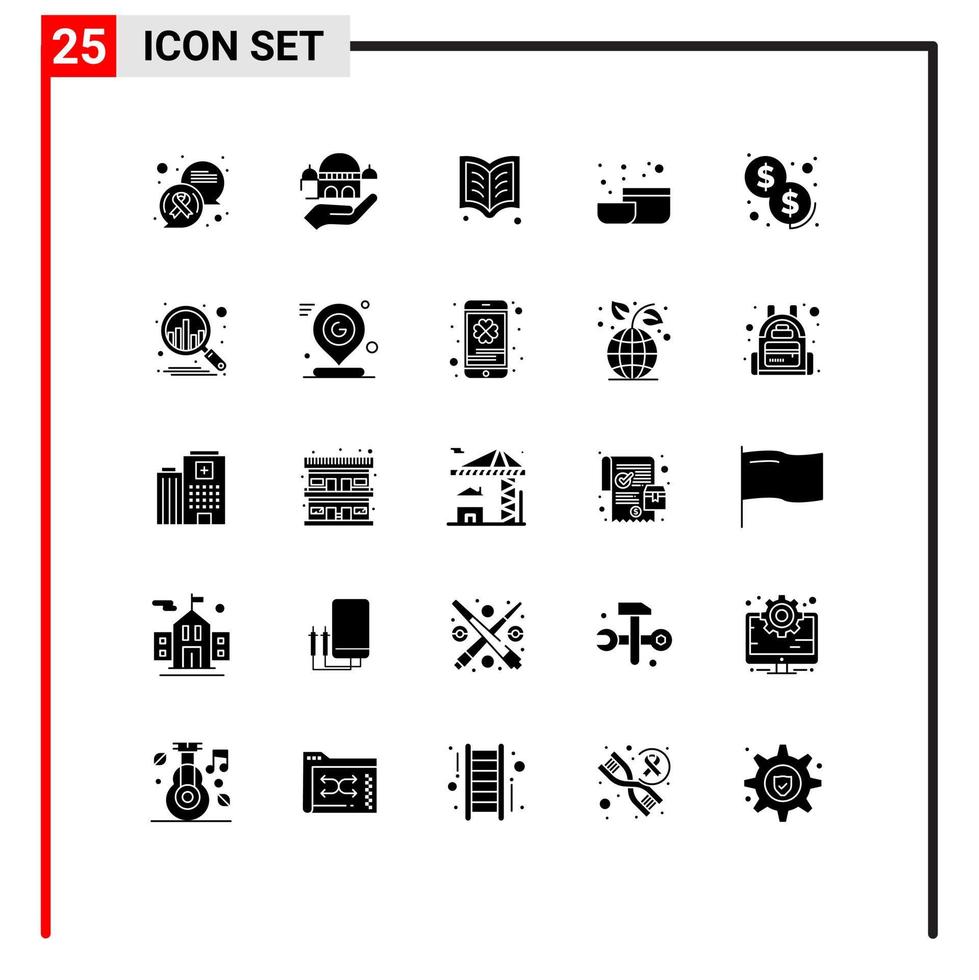 25 User Interface Solid Glyph Pack of modern Signs and Symbols of payment cash reading tool bowl Editable Vector Design Elements