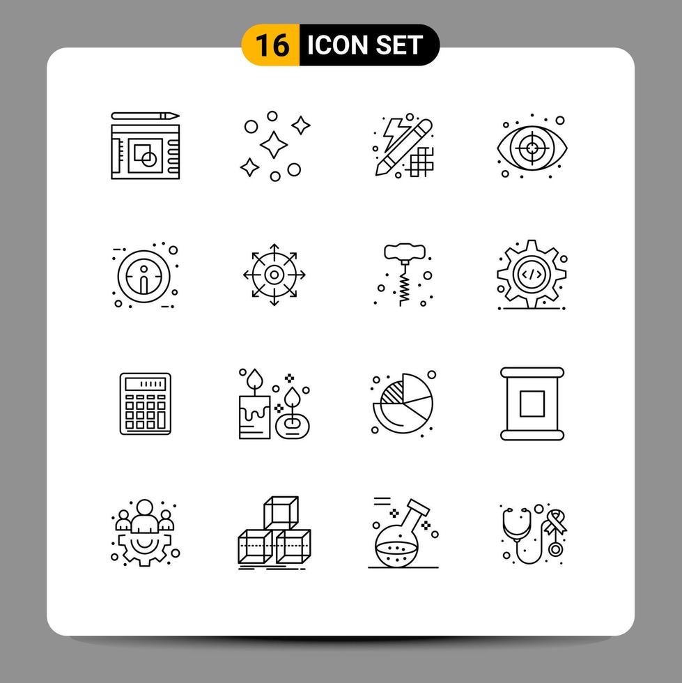 Pack of 16 Modern Outlines Signs and Symbols for Web Print Media such as sign info design target eye Editable Vector Design Elements