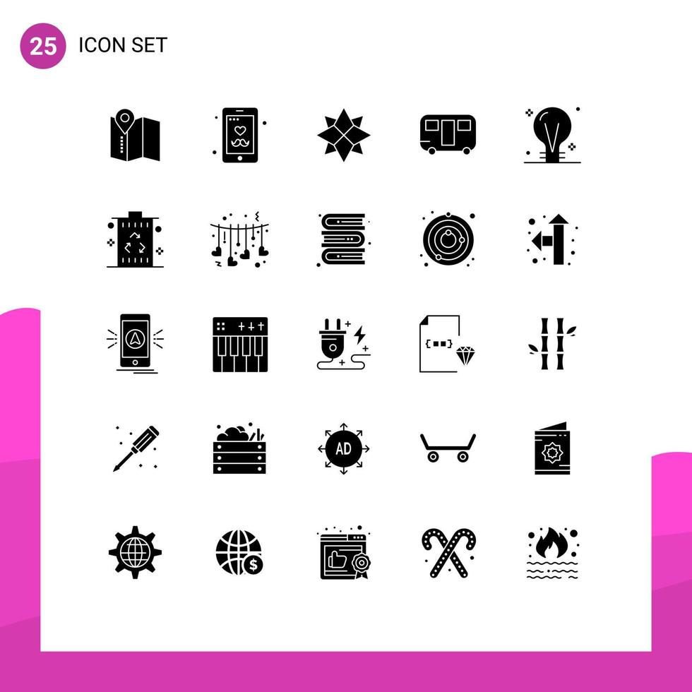 conjunto de pictogramas de 25 glifos sólidos simples de elementos de diseño de vector editables de remolque de vagón de vacaciones de bombilla de creatividad