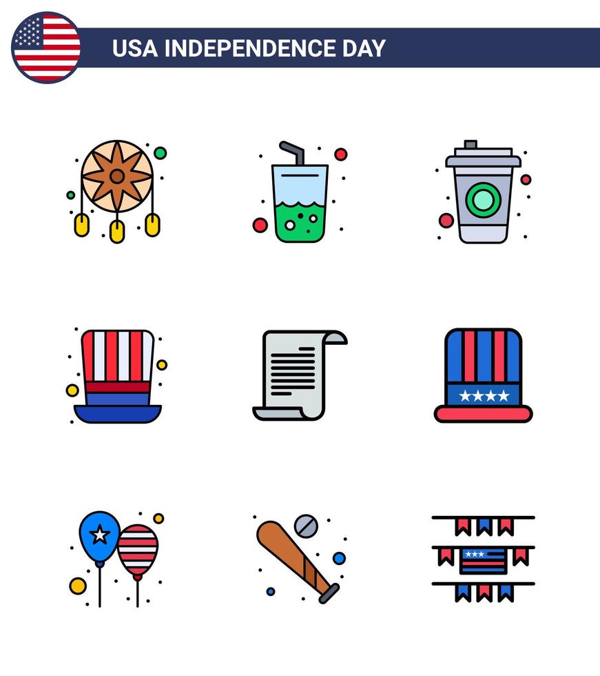 Big Pack of 9 USA Happy Independence Day USA Vector Flat Filled Lines and Editable Symbols of american file bottle usa hat Editable USA Day Vector Design Elements