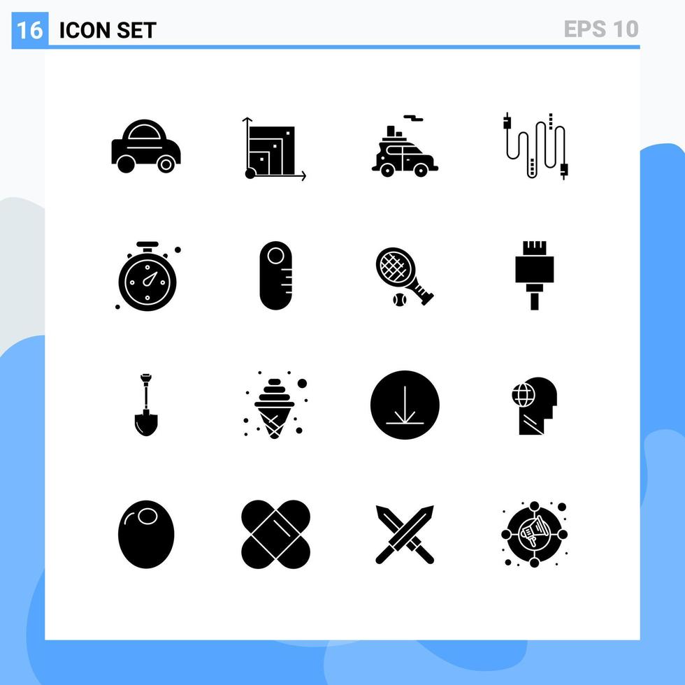 Group of 16 Modern Solid Glyphs Set for shopping compass car communication cable Editable Vector Design Elements