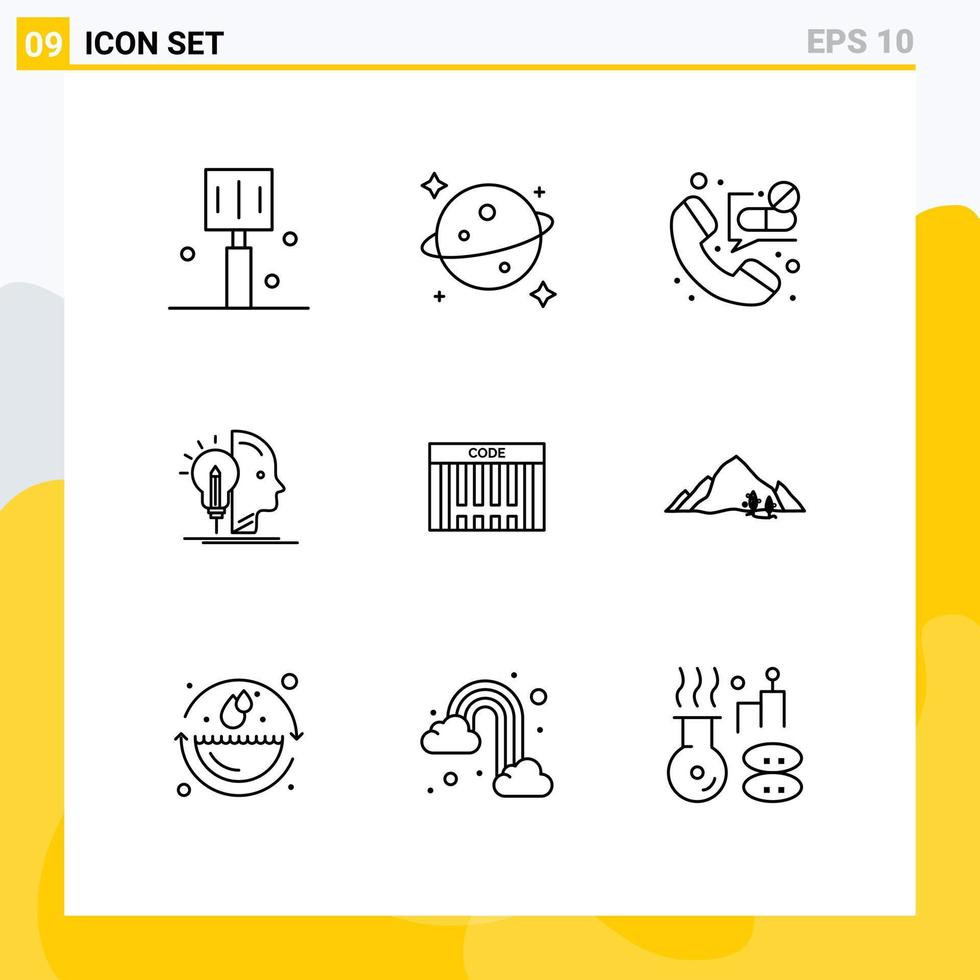 Pack of 9 Modern Outlines Signs and Symbols for Web Print Media such as code bar contact programming mind Editable Vector Design Elements