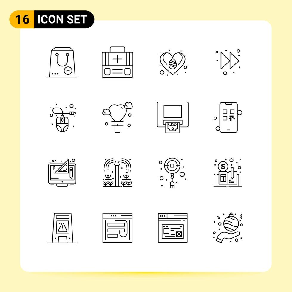 Pack of 16 creative Outlines of computer mouse right suitcase forward love Editable Vector Design Elements
