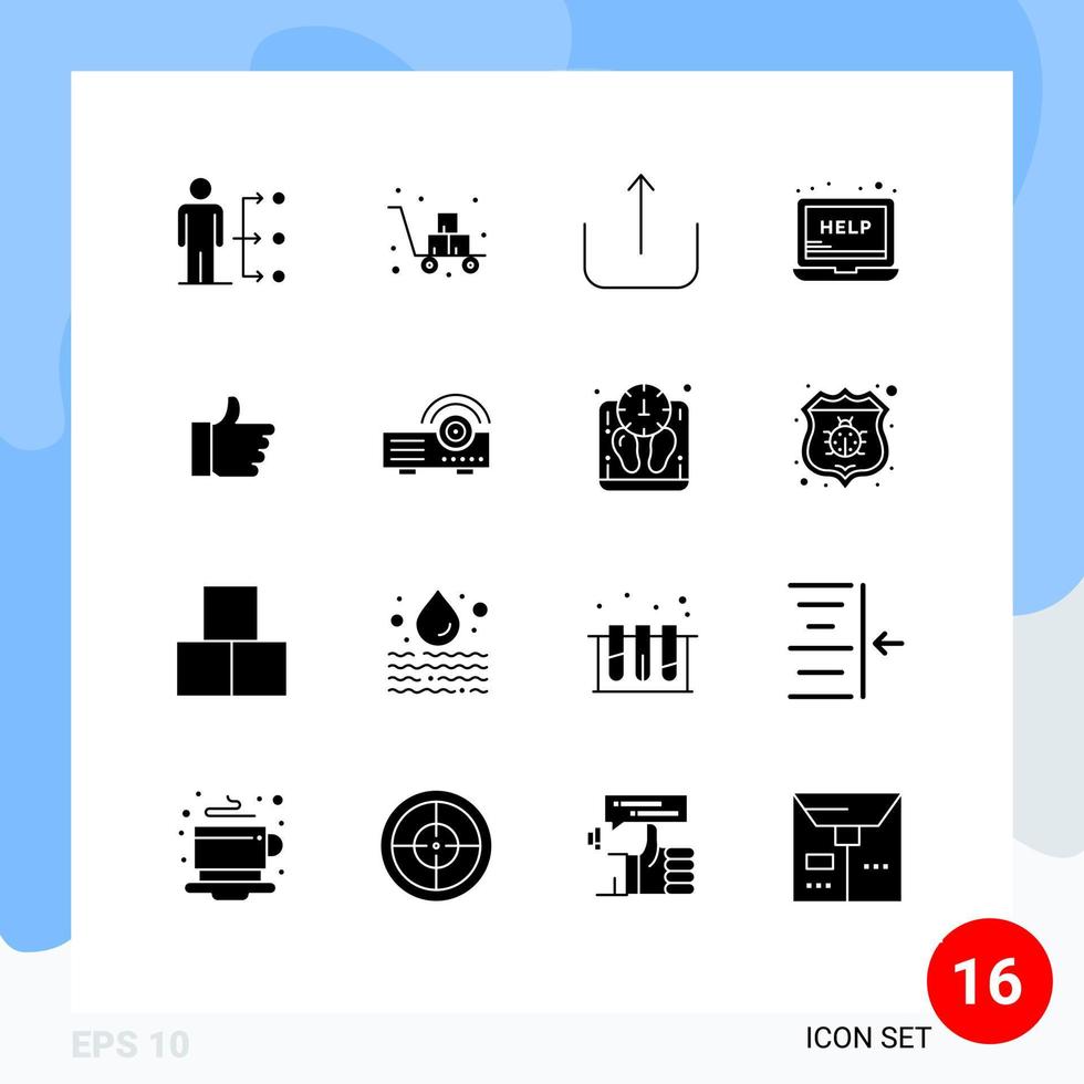 Modern Set of 16 Solid Glyphs and symbols such as hand service fragile laptop upload Editable Vector Design Elements