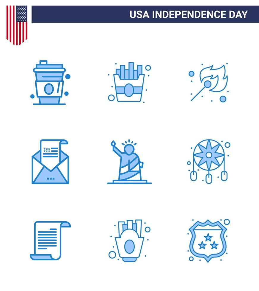 Pack of 9 USA Independence Day Celebration Blues Signs and 4th July Symbols such as liberty mail fire invitation envelope Editable USA Day Vector Design Elements