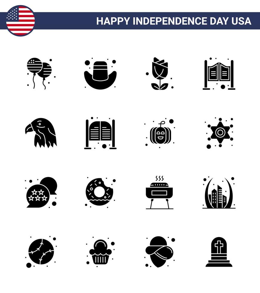 feliz día de la independencia paquete de ee.uu. de 16 glifos sólidos creativos de águila animal american hogar occidental elementos de diseño vectorial editables del día de ee.uu. vector