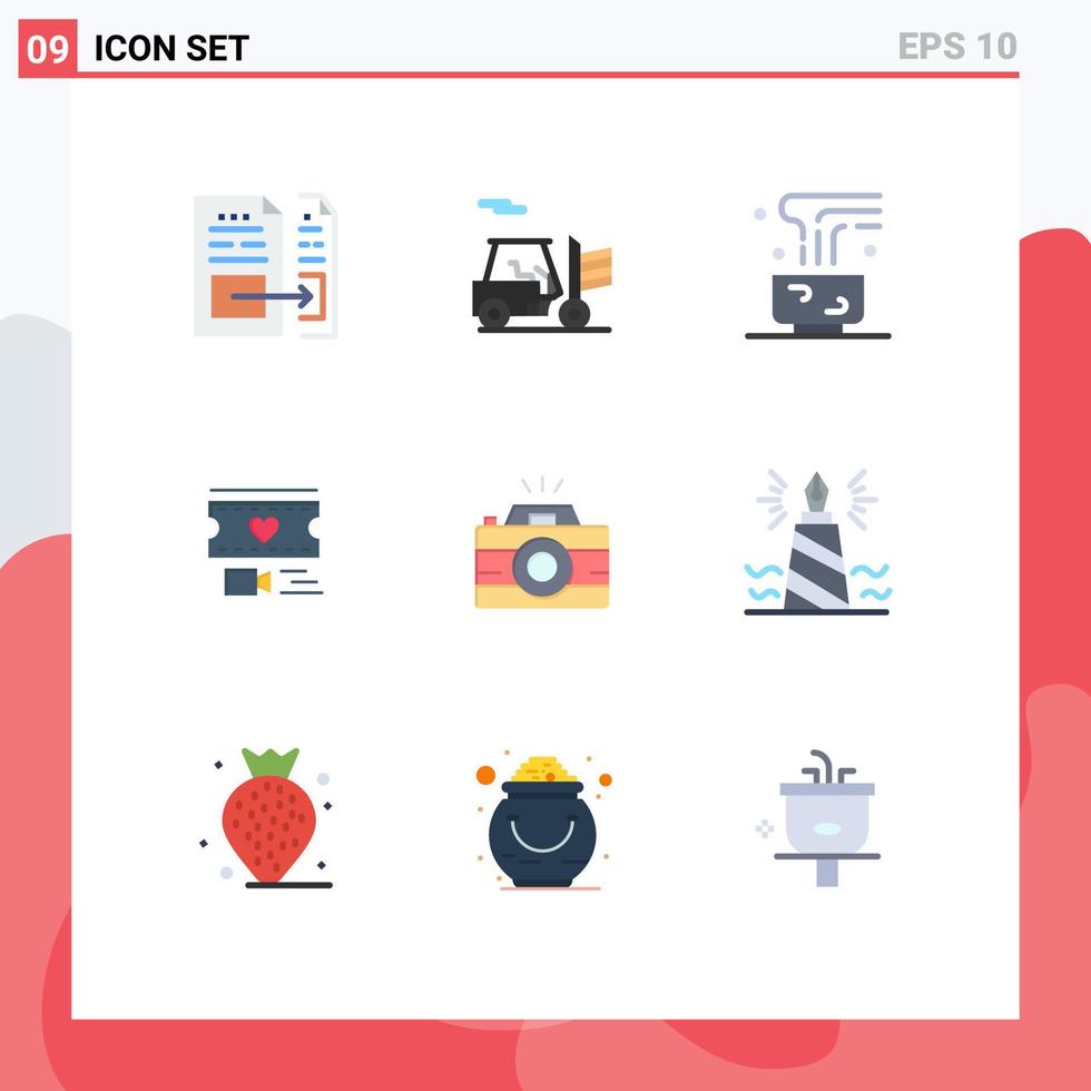 Group of 9 Modern Flat Colors Set for camera love coffee heart mug Editable Vector Design Elements