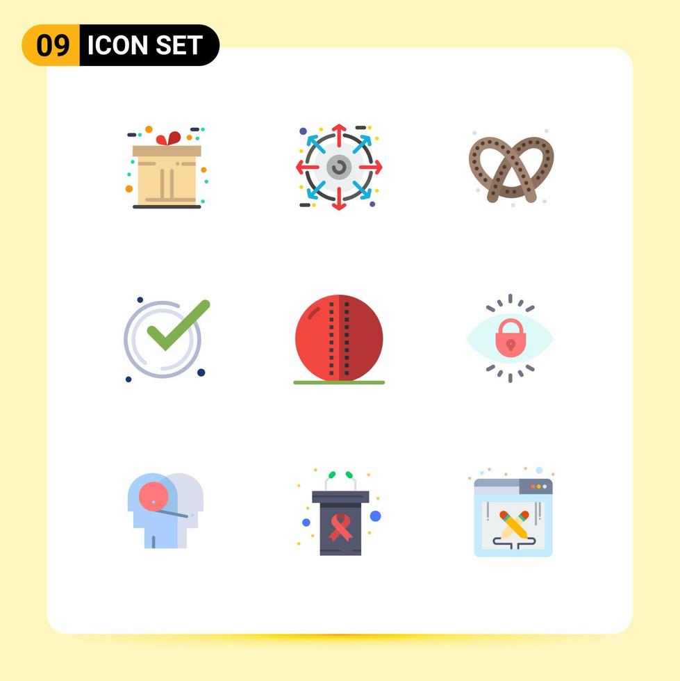 Mobile Interface Flat Color Set of 9 Pictograms of leather ball cricket ball bread acknowledge good Editable Vector Design Elements