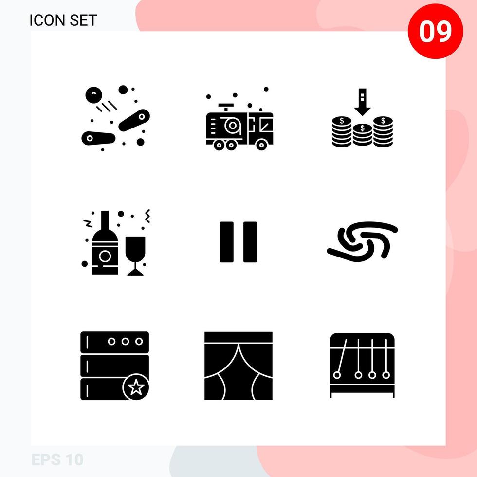 paquete de vectores de 9 iconos en un paquete de glifos creativos de estilo sólido aislado en fondo blanco para web y móvil