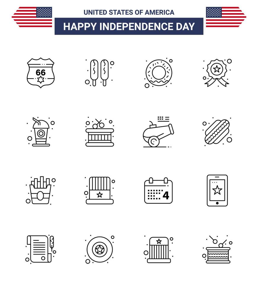 feliz día de la independencia paquete de iconos de 16 líneas para web e impresión soda cola comida botella estrella editable usa día elementos de diseño vectorial vector