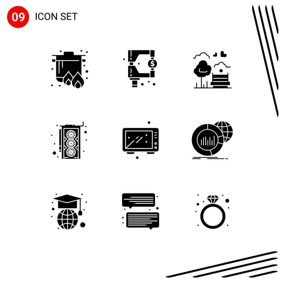 Mobile Interface Solid Glyph Set of 9 Pictograms of cooking hardware park graphic card outdoor Editable Vector Design Elements
