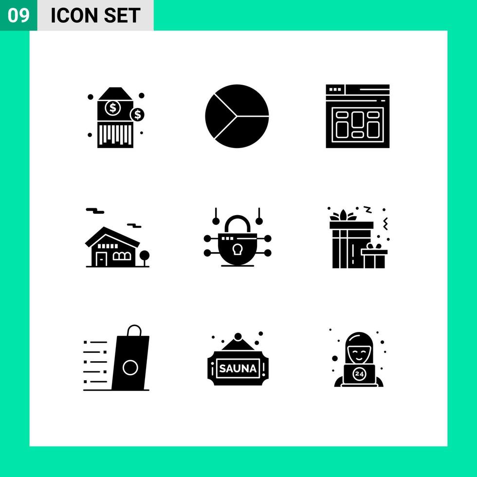 User Interface Pack of 9 Basic Solid Glyphs of network security internet browser house building Editable Vector Design Elements