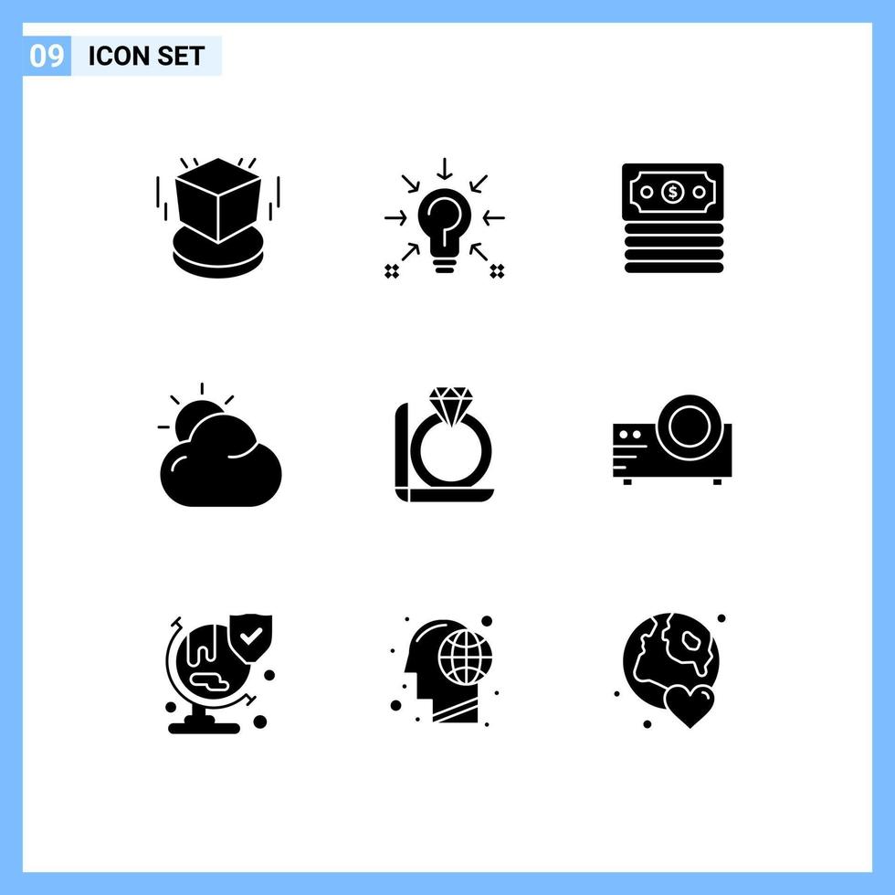 9 Thematic Vector Solid Glyphs and Editable Symbols of diamond sun suggestion shinning cloud Editable Vector Design Elements