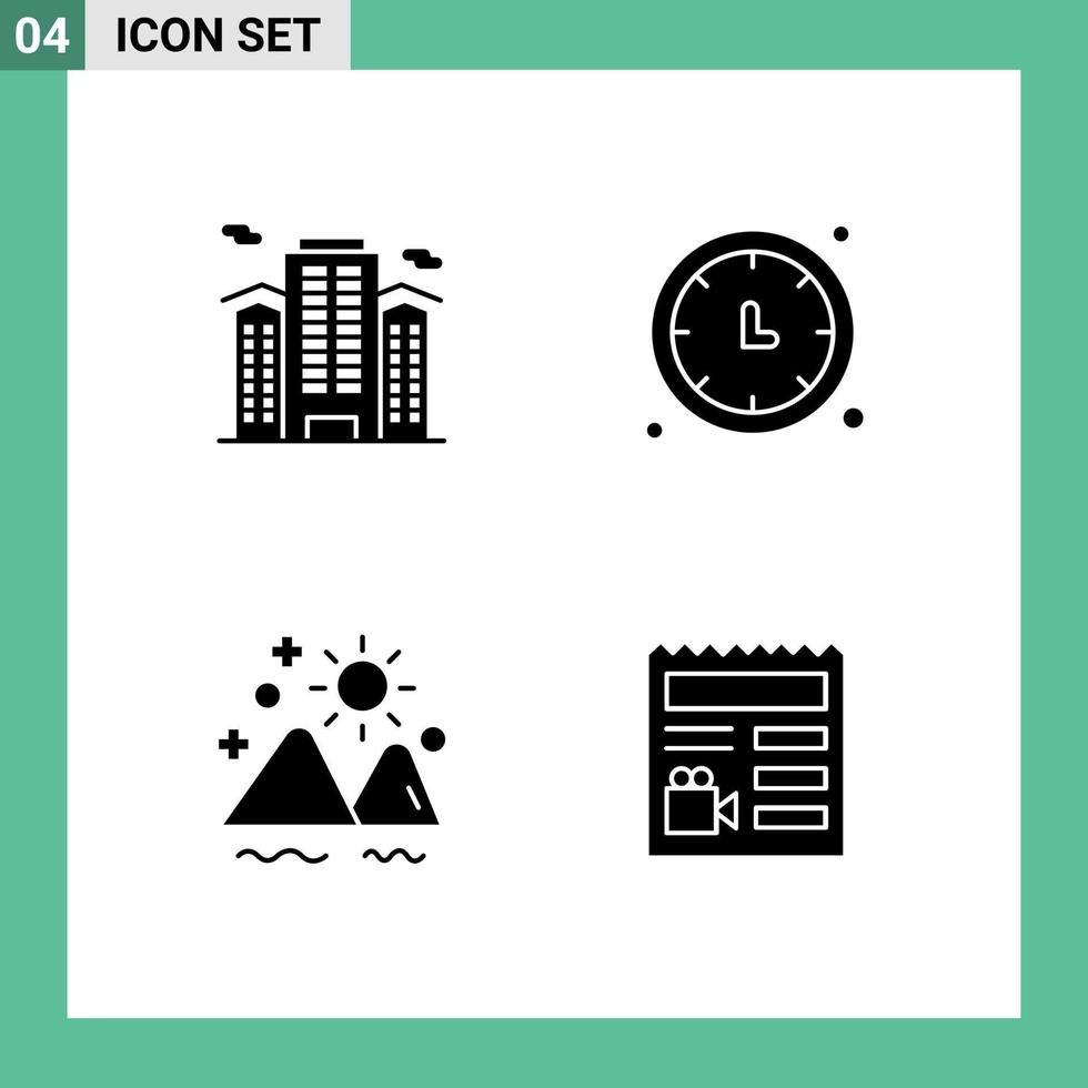 4 Universal Solid Glyphs Set for Web and Mobile Applications building wall clock work time mountain Editable Vector Design Elements