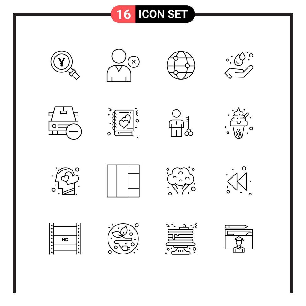 Pack of 16 Modern Outlines Signs and Symbols for Web Print Media such as less car globe hand ecology Editable Vector Design Elements
