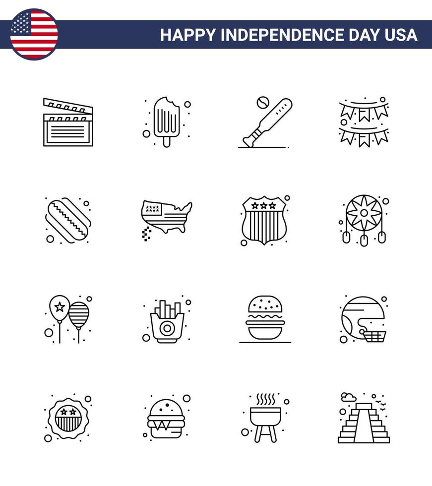 Set of 16 Modern Lines pack on USA Independence Day garland decoration ball buntings usa Editable USA Day Vector Design Elements