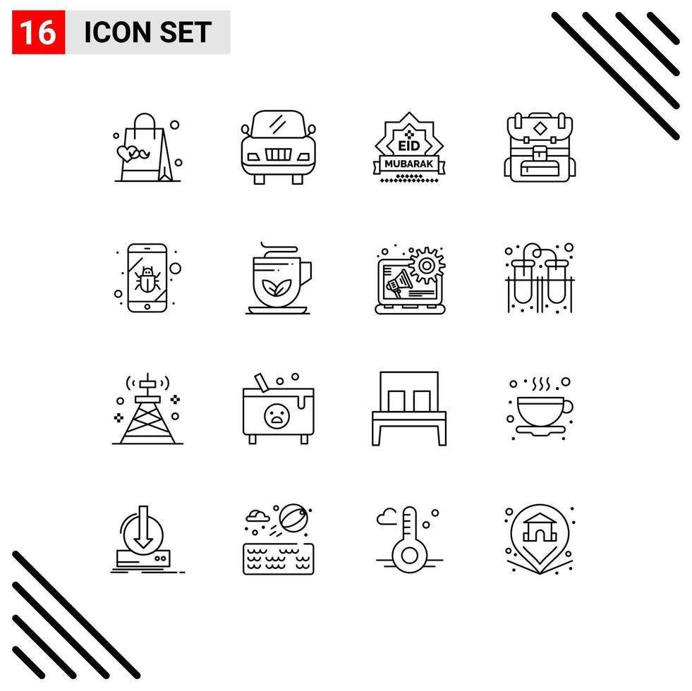 Set of 16 Modern UI Icons Symbols Signs for spy mobile stamp bug camping Editable Vector Design Elements