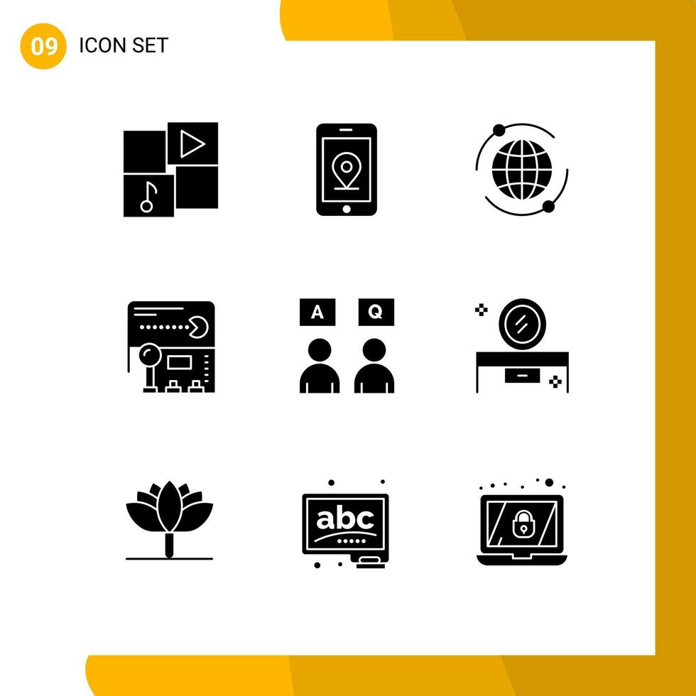 9 Thematic Vector Solid Glyphs and Editable Symbols of qa education marketing answers fun Editable Vector Design Elements