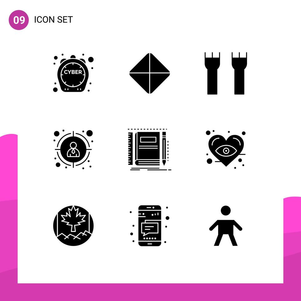 Solid Glyph Pack of 9 Universal Symbols of notepad book castle building target customer seo Editable Vector Design Elements