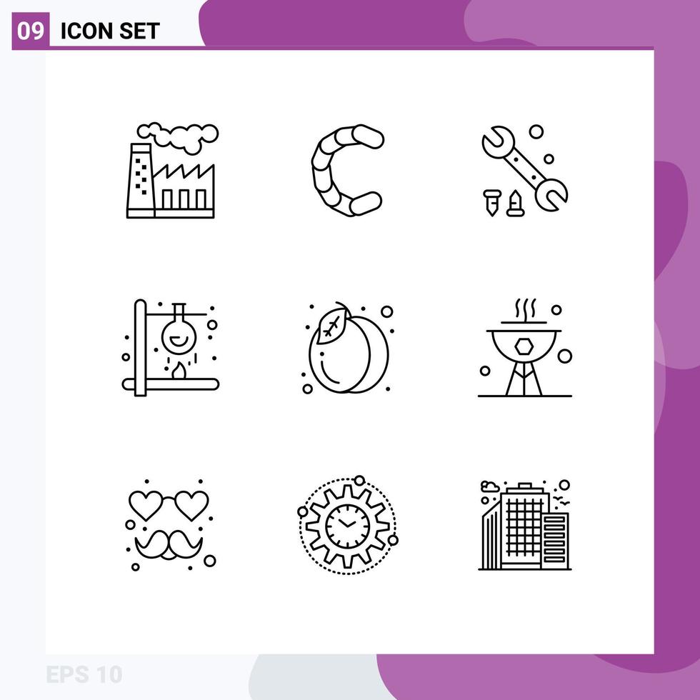 Set of 9 Commercial Outlines pack for food science wrench laboratory fire Editable Vector Design Elements