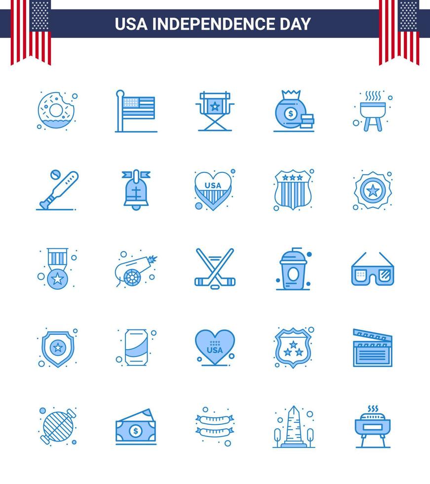 25 signos azules de estados unidos celebración del día de la independencia símbolos de barbacoa dinero silla bolsa televisión editable día de estados unidos elementos de diseño vectorial vector