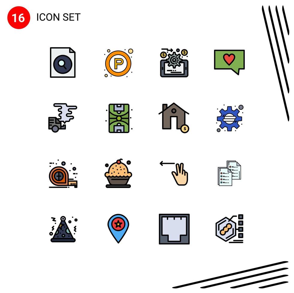 Pack of 16 Modern Flat Color Filled Lines Signs and Symbols for Web Print Media such as pollution emission data management car message Editable Creative Vector Design Elements
