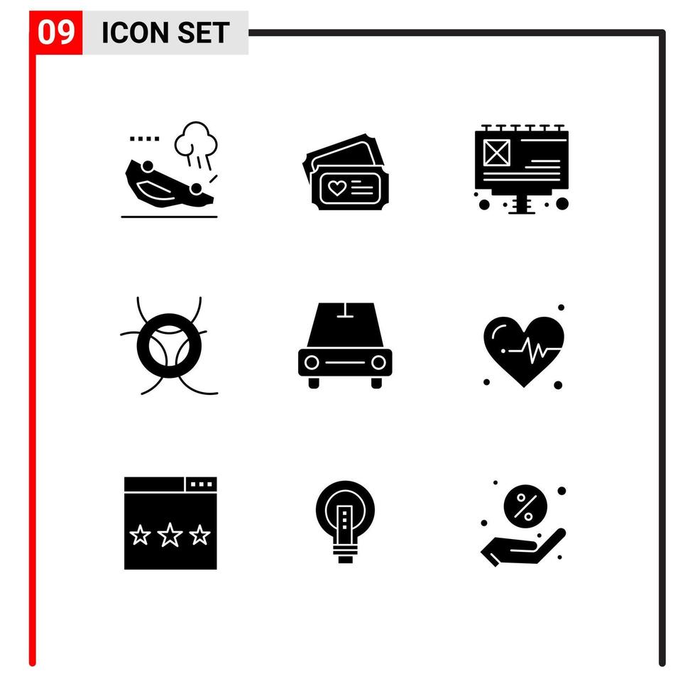 Pack of 9 Modern Solid Glyphs Signs and Symbols for Web Print Media such as medical vehicles ad car science Editable Vector Design Elements
