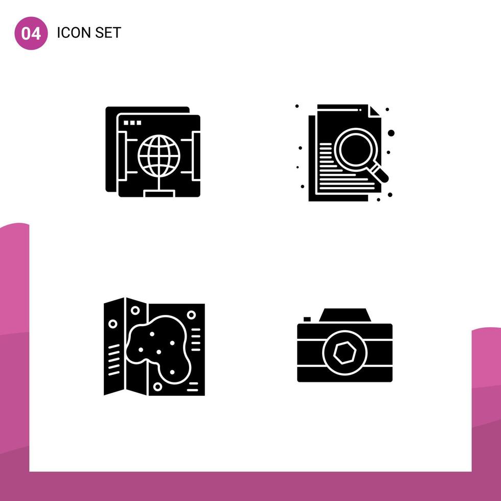 Pack of 4 Modern Solid Glyphs Signs and Symbols for Web Print Media such as brower park globe search camera Editable Vector Design Elements
