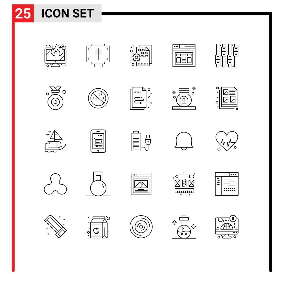 conjunto moderno de pictogramas de 25 líneas de elementos de diseño vectorial editables de página de navegador de medicina de base de datos de página vector