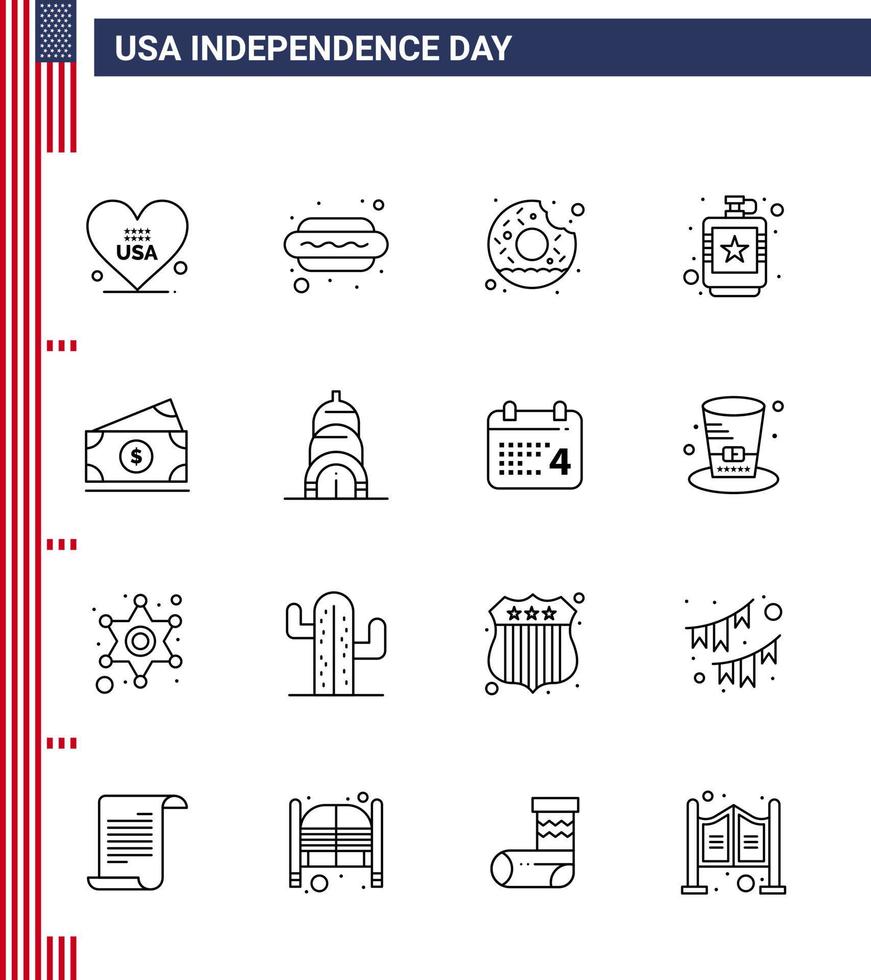 USA Happy Independence DayPictogram Set of 16 Simple Lines of dollar hip donut flask alcoholic Editable USA Day Vector Design Elements