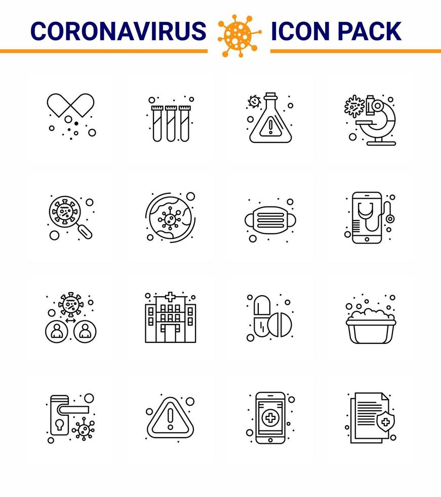 corona virus 2019 y 2020 epidemia paquete de iconos de 16 líneas como análisis de vidrio virus matraz virus laboratorio coronavirus viral 2019nov enfermedad vector elementos de diseño