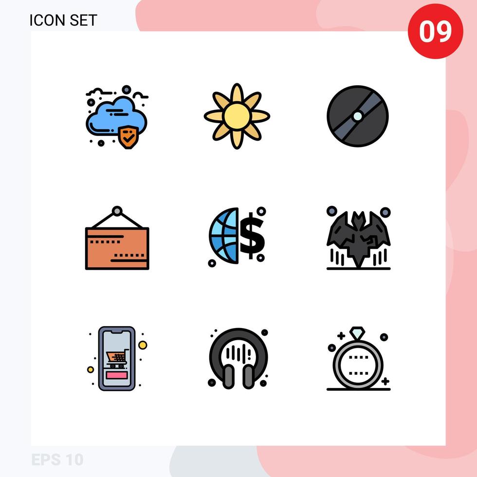 Pictogram Set of 9 Simple Filledline Flat Colors of money finance movie sign closed Editable Vector Design Elements