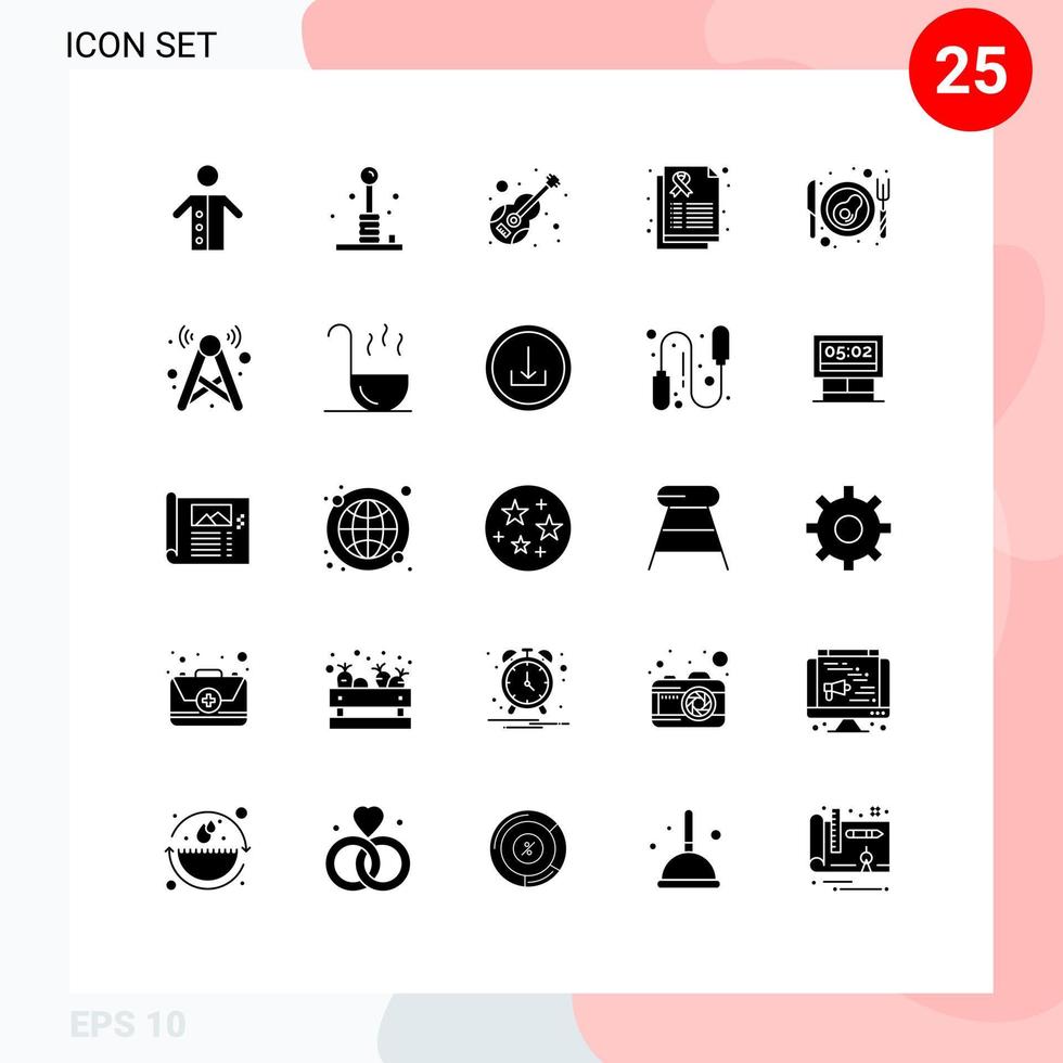 Pictogram Set of 25 Simple Solid Glyphs of care report play violin music Editable Vector Design Elements