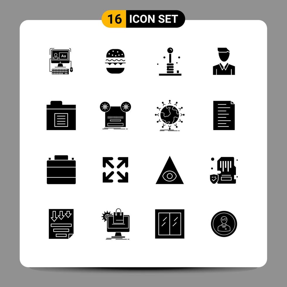 Solid Glyph Pack of 16 Universal Symbols of profile man arcade human recreation Editable Vector Design Elements