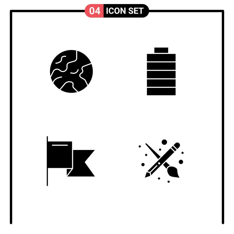 4 Universal Solid Glyphs Set for Web and Mobile Applications earth brush battery country tool Editable Vector Design Elements