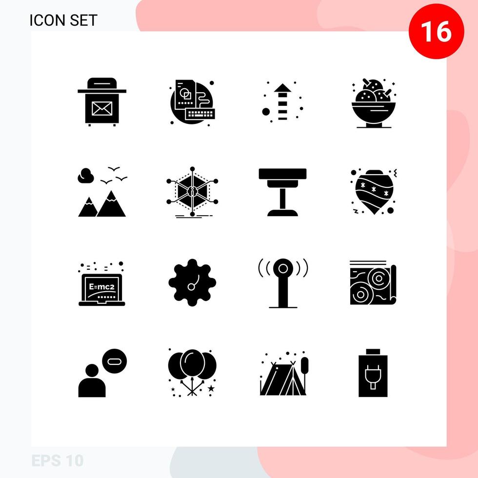 Group of 16 Solid Glyphs Signs and Symbols for scenery mountains direction sweet ice cream Editable Vector Design Elements