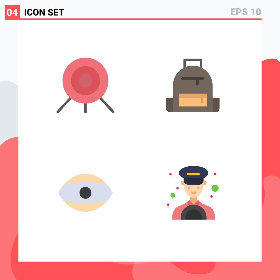 Set of 4 Commercial Flat Icons pack for archery face backpack hike vision Editable Vector Design Elements