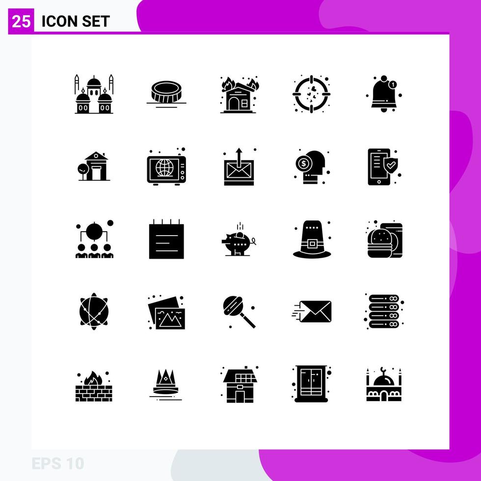 25 User Interface Solid Glyph Pack of modern Signs and Symbols of notification goal fire target heart Editable Vector Design Elements