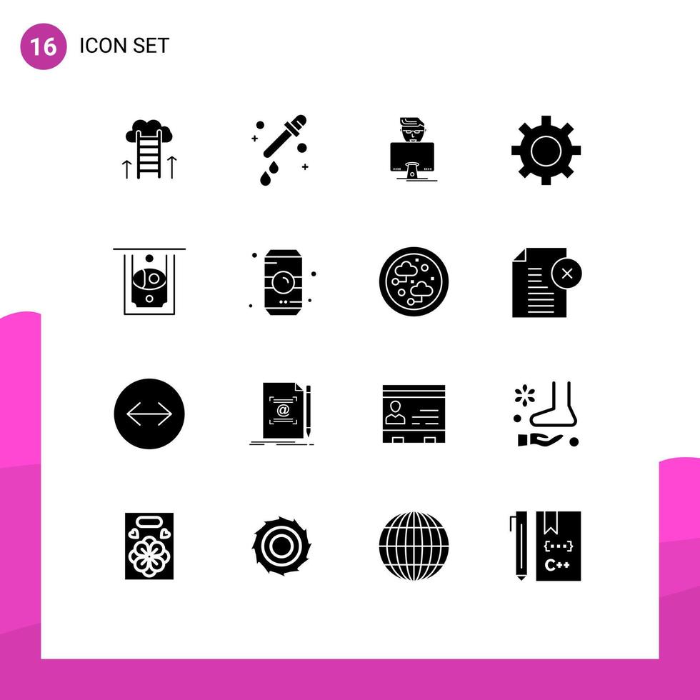 Set of 16 Commercial Solid Glyphs pack for cash user hacker interface setting Editable Vector Design Elements