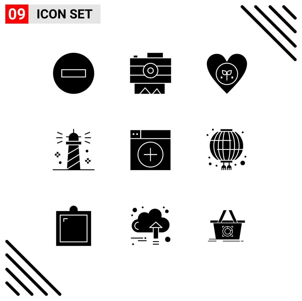 9 Universal Solid Glyph Signs Symbols of sea lighthouse recording beach heart Editable Vector Design Elements